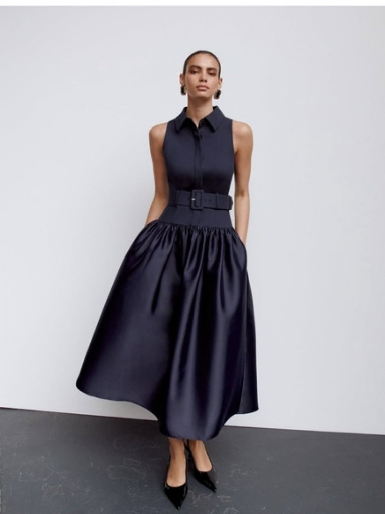 Self Portrait Navy Belted Twill Midi Dress $560 New With Tag